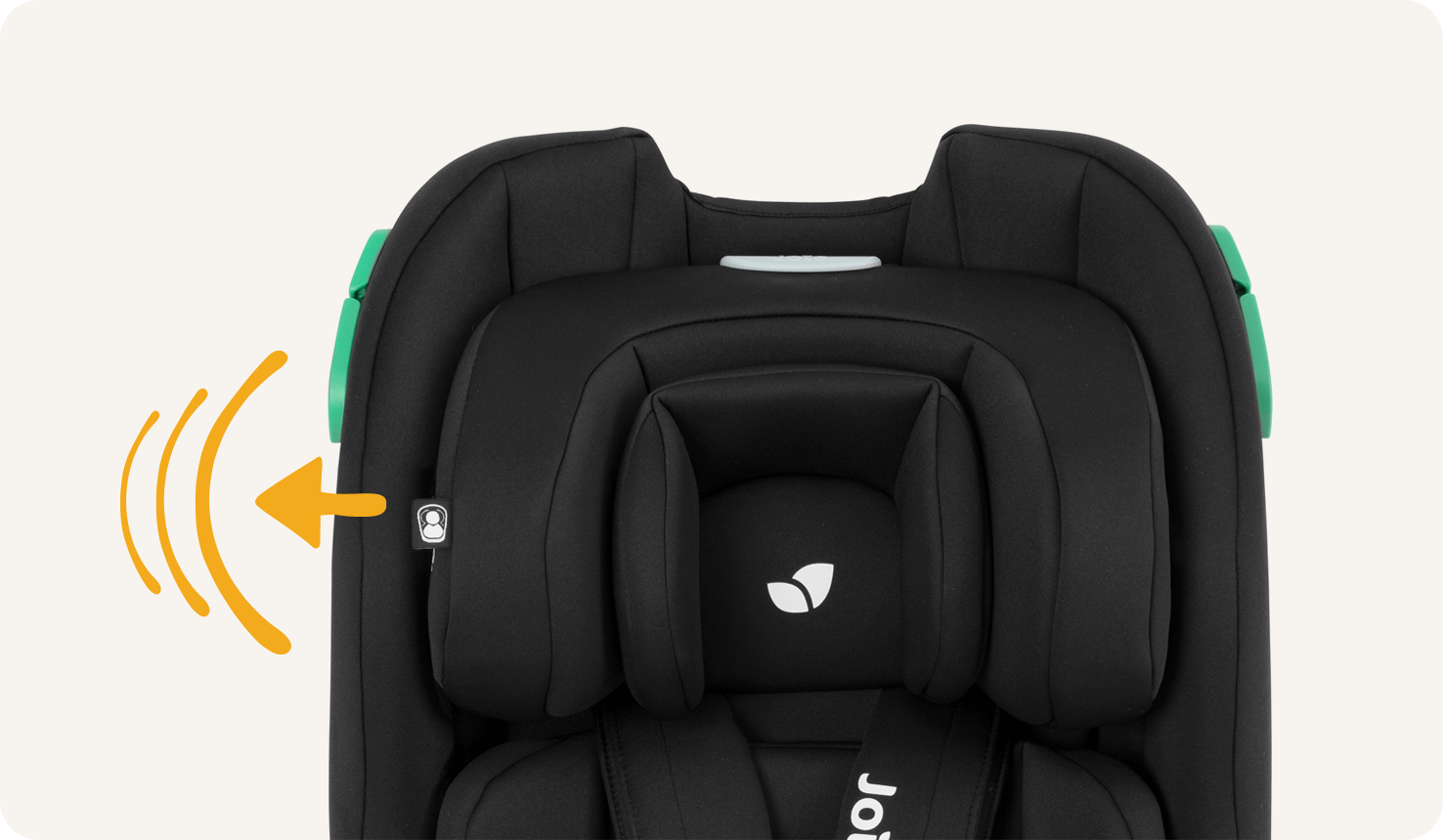 a black steadi r129 car seat wih mango animation around the headrest to show protection.
