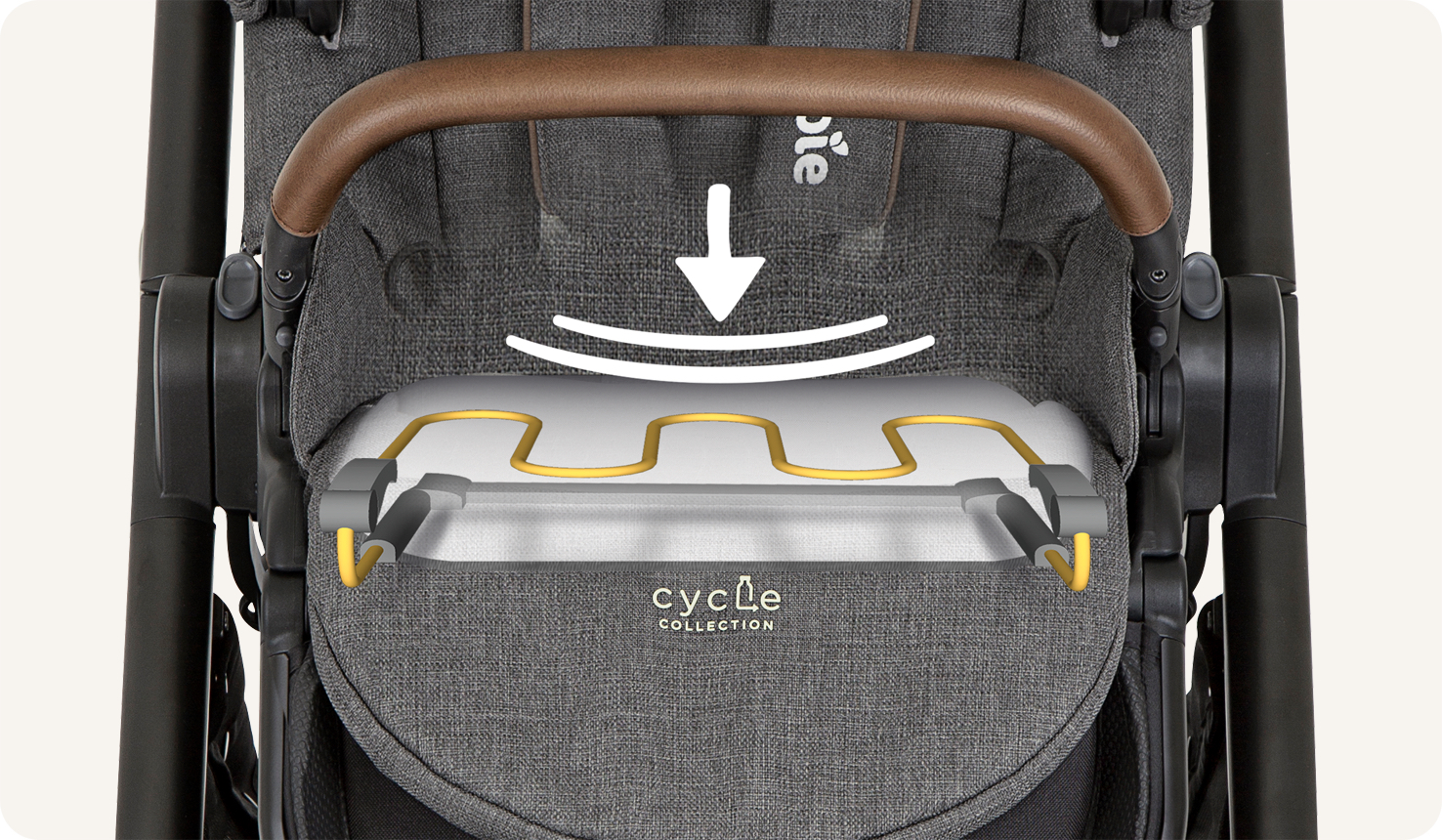 Closeup on a gray Versatrax pram seat with a cutaway showing an orange Flex comfort in seat suspension spring. 