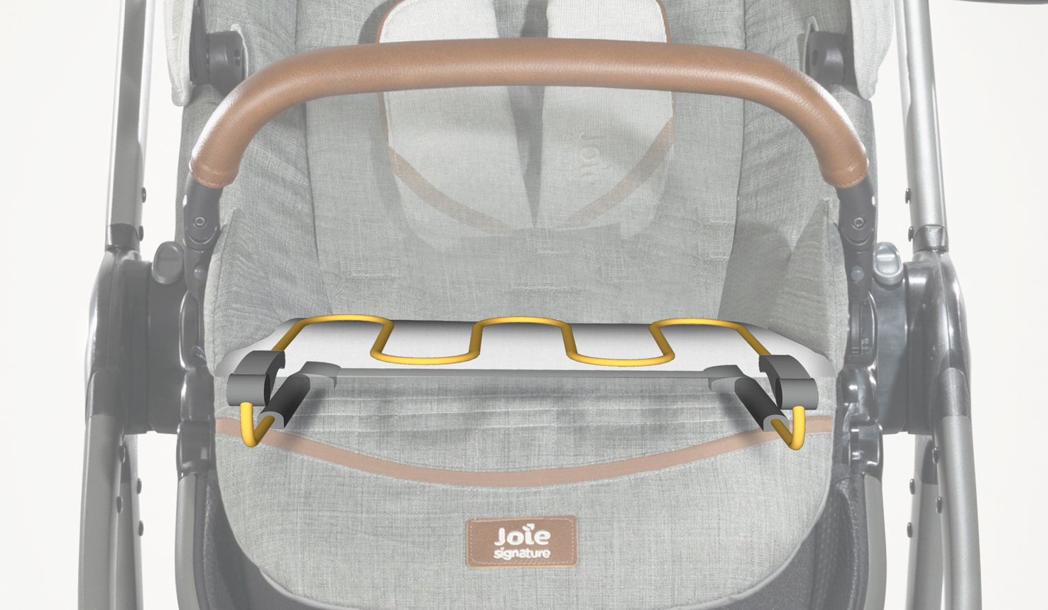 Closeup on the Joie Signature Finiti pram seat with a cutout showing the Flex comfort in seat suspension spring. 