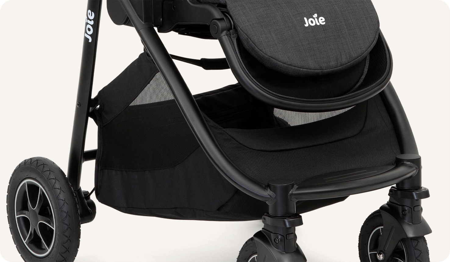 Zoomed in view of the storage basket on a Joie versatrax pram.