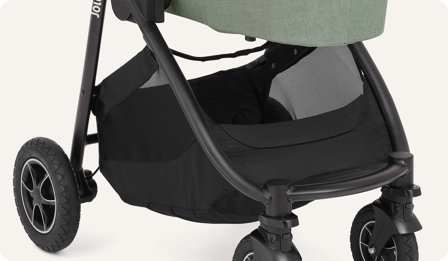 Zoomed in view of the storage basket on a Joie versatrax pram.