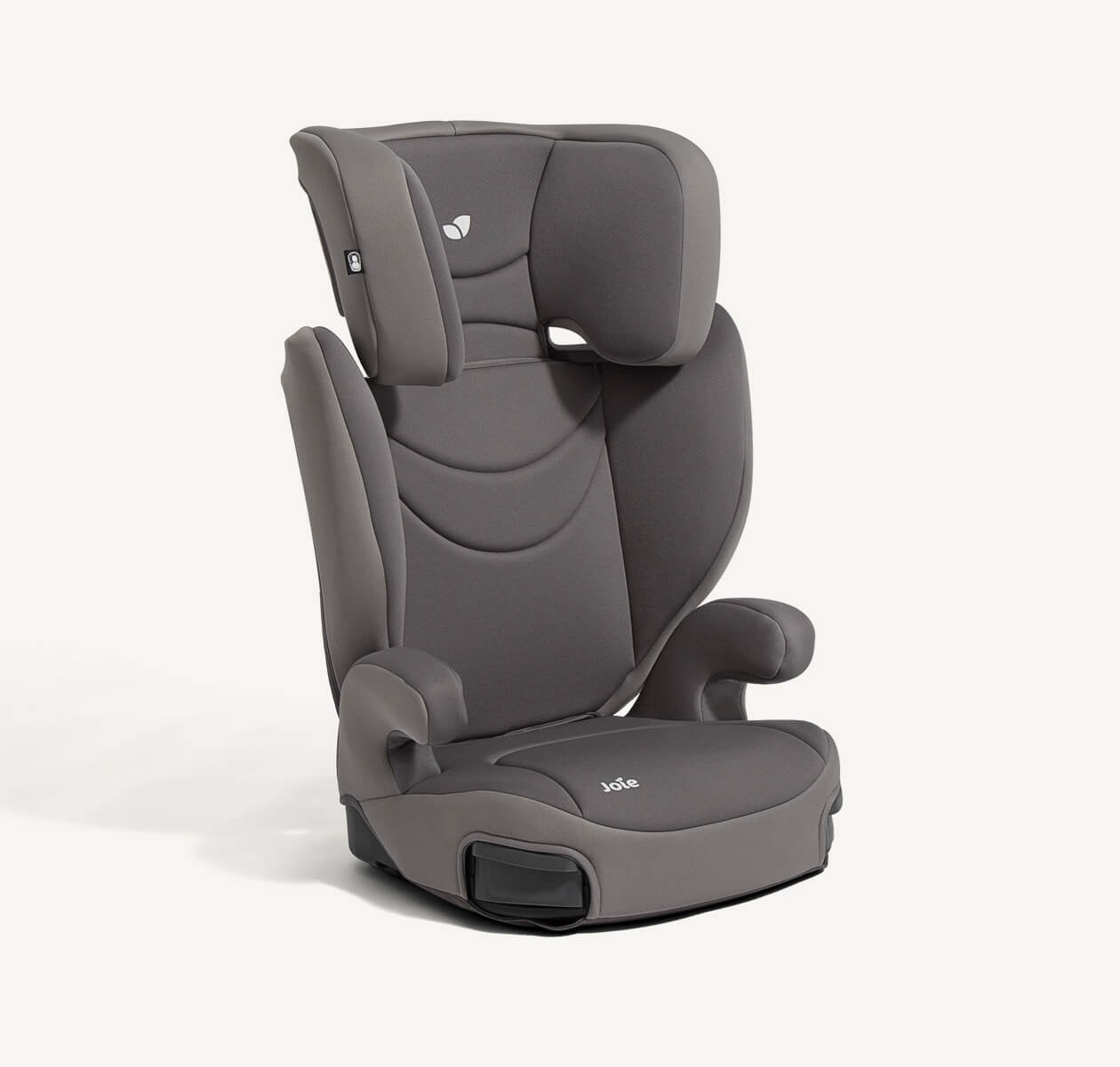 Joie basil 2in1 booster car seat in grey, positioned at a right angle.
