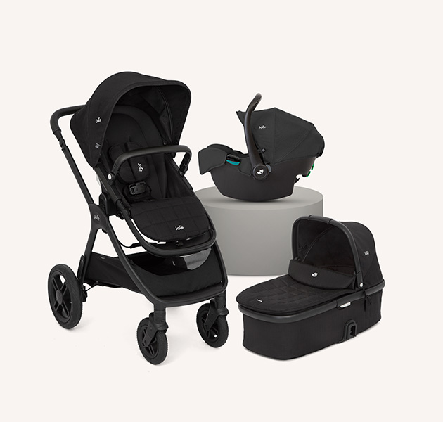 joie honour pushchair in black next to honour carry cot and i-snug 2 infant car seat.