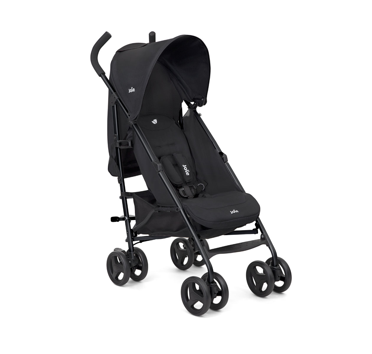 Joie couri lightweight umbrella stroller in coal black displayed at a right angle.
