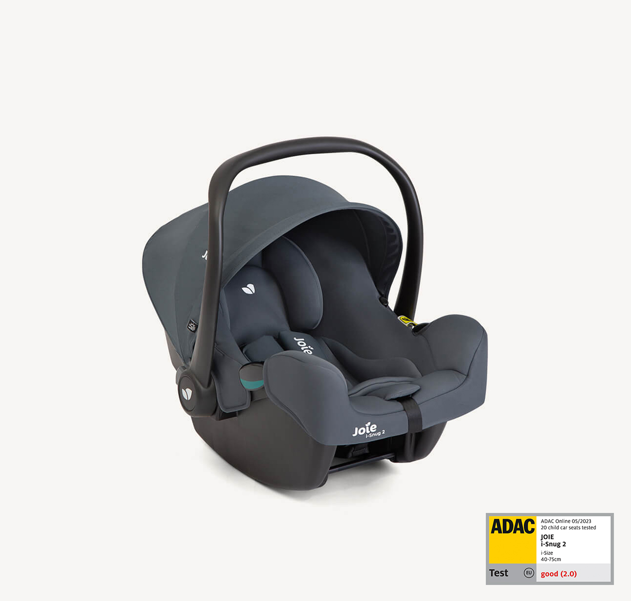 The Joie I-Snug 2 baby car seat in blue at an angle facing to the right