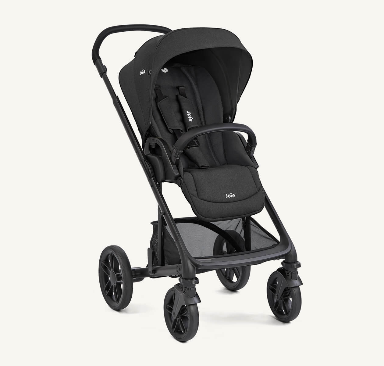 Joie chrome 2 pram in black fashion at a turned angle looking right on a white background
