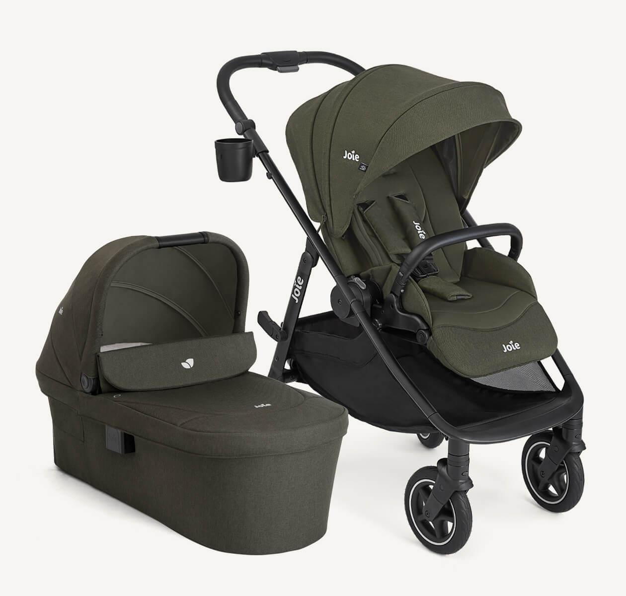 Joie versadrift pushchair and ramble xl carry cot displayed together, all in green.