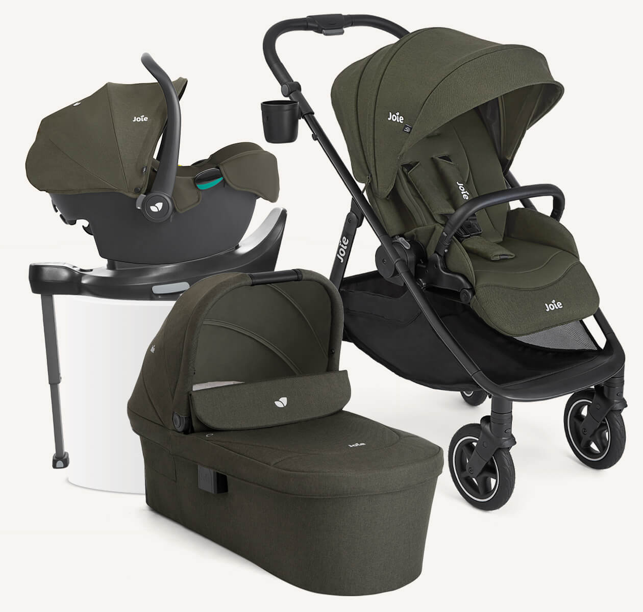 Joie versadrift pushchair, ramble xl carry cot, i-Snug 2 infant car seat and i-Base Encore car seat base displayed together, all in green.
