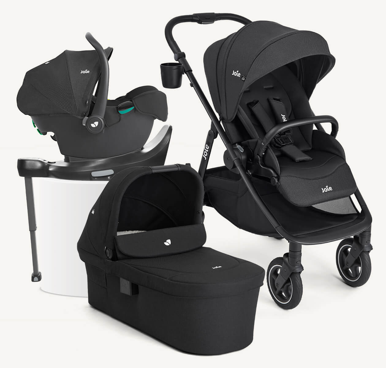 Joie versadrift pushchair, ramble xl carry cot, i-Snug 2 infant car seat and i-Base Encore car seat base displayed together, all in black.
