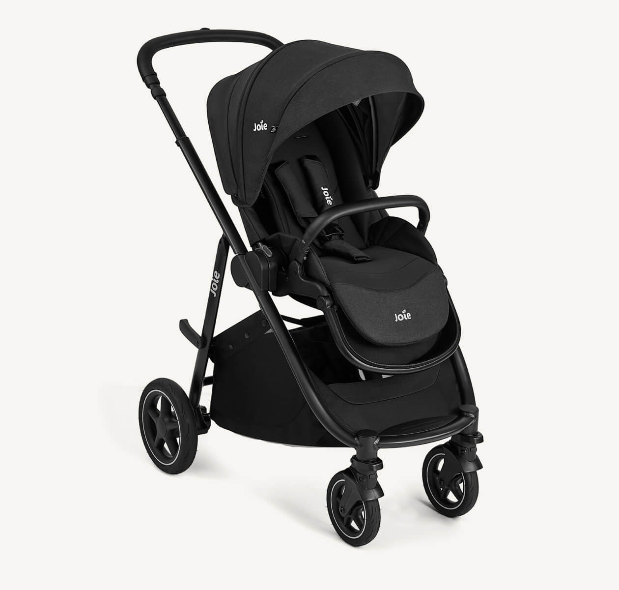 Joie versatrax pushchair in black positioned at a right angle.