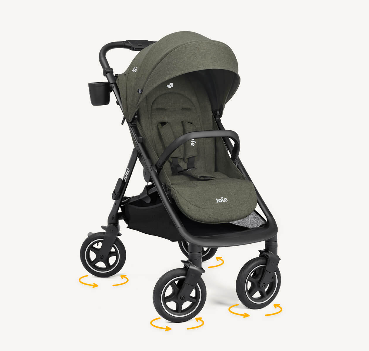 Joie mydrift travel stroller in green fashion at a right angle with wheels turned at an angle and yellow arrows below each wheel indicating 360º motion