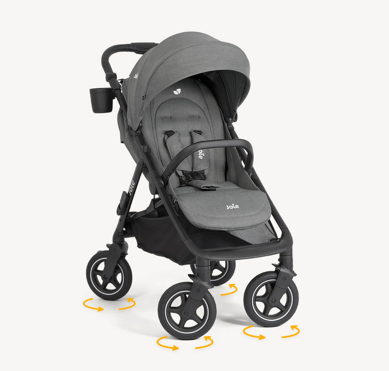 Joie mydrift travel stroller in green fashion at a right angle with wheels turned at an angle and yellow arrows below each wheel indicating 360º motion