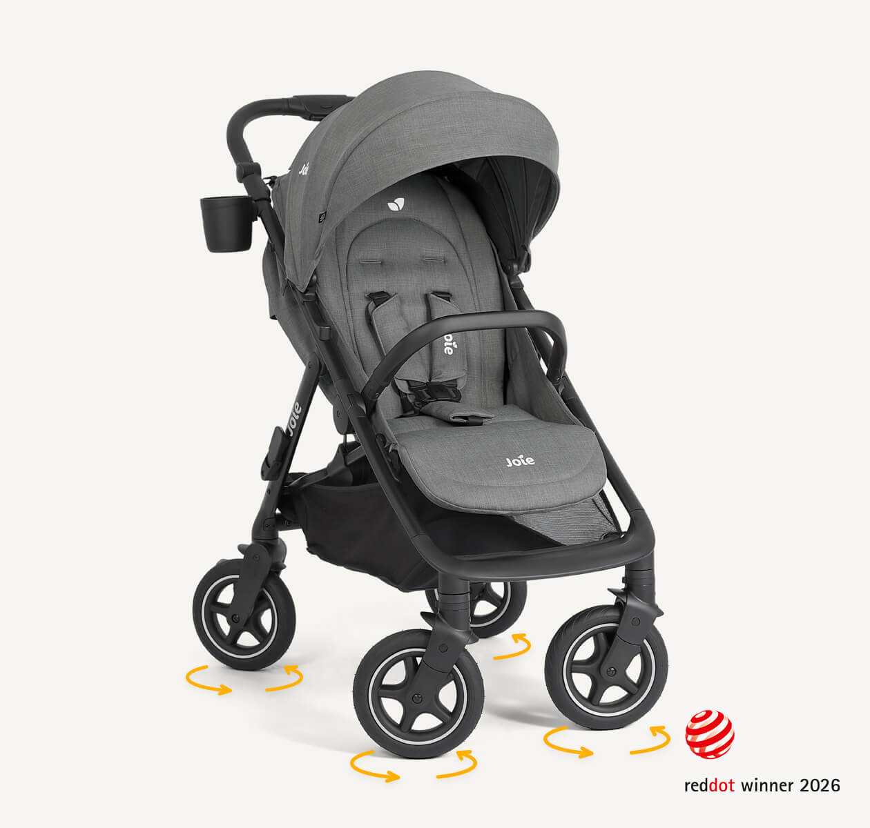 Joie mydrift travel stroller in gray fashion at a right angle with wheels turned at an angle and yellow arrows below each wheel indicating 360º motion