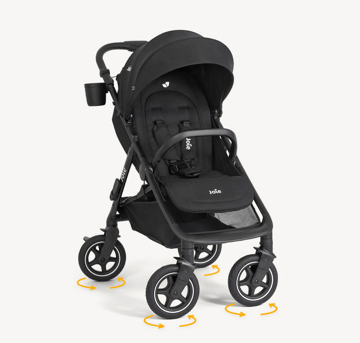 Joie mydrift travel stroller in black fashion at a right angle with wheels turned at an angle and yellow arrows below each wheel indicating 360º motion