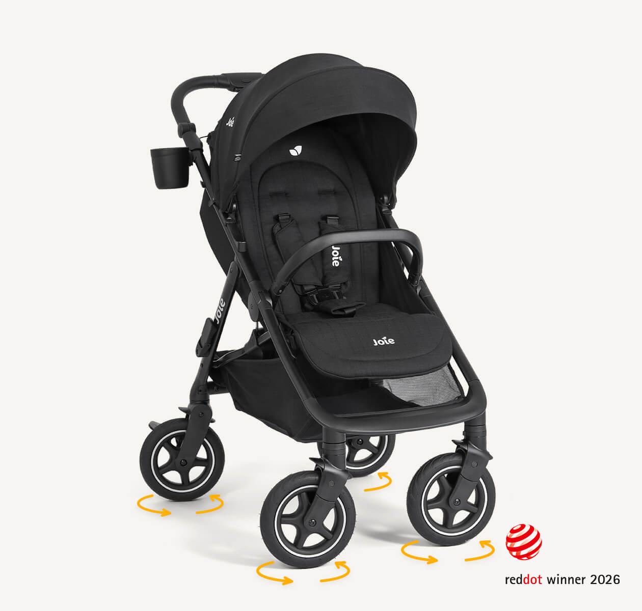 Joie Mydrift Sportwagen in grünem Design im rechten Winkel, die Räder sind schräg gestellt und gelbe Pfeile unter jedem Rad zeigen die 360º-Bewegung an