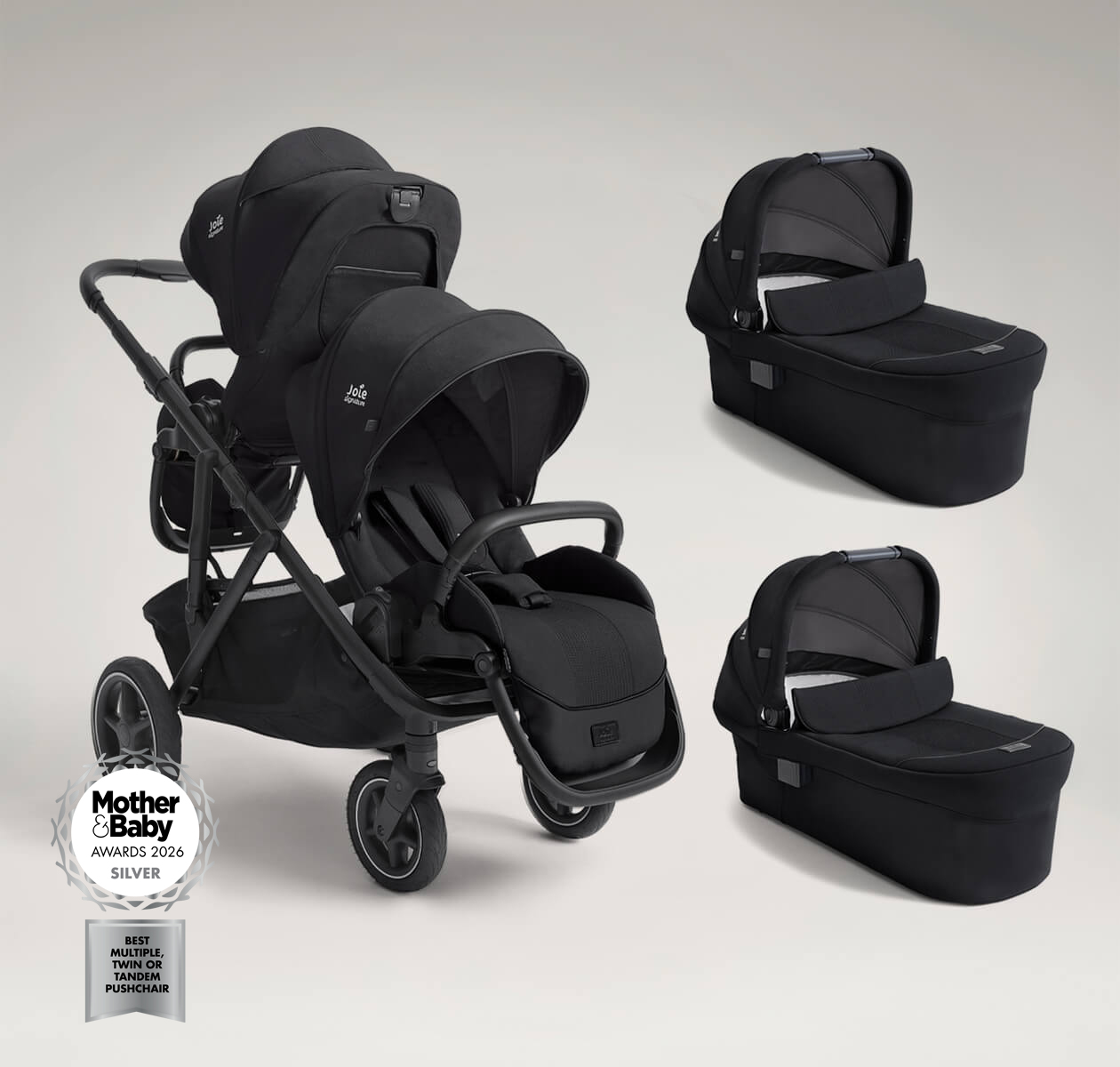 Joie Signature versiti pushchair, versiti sibling seat, and two ramble xl carry cots displayed together, all in black. The image also features a logo indicating that the product is a 2026 mother and baby awards silver winner for best multiple, twin or tan
