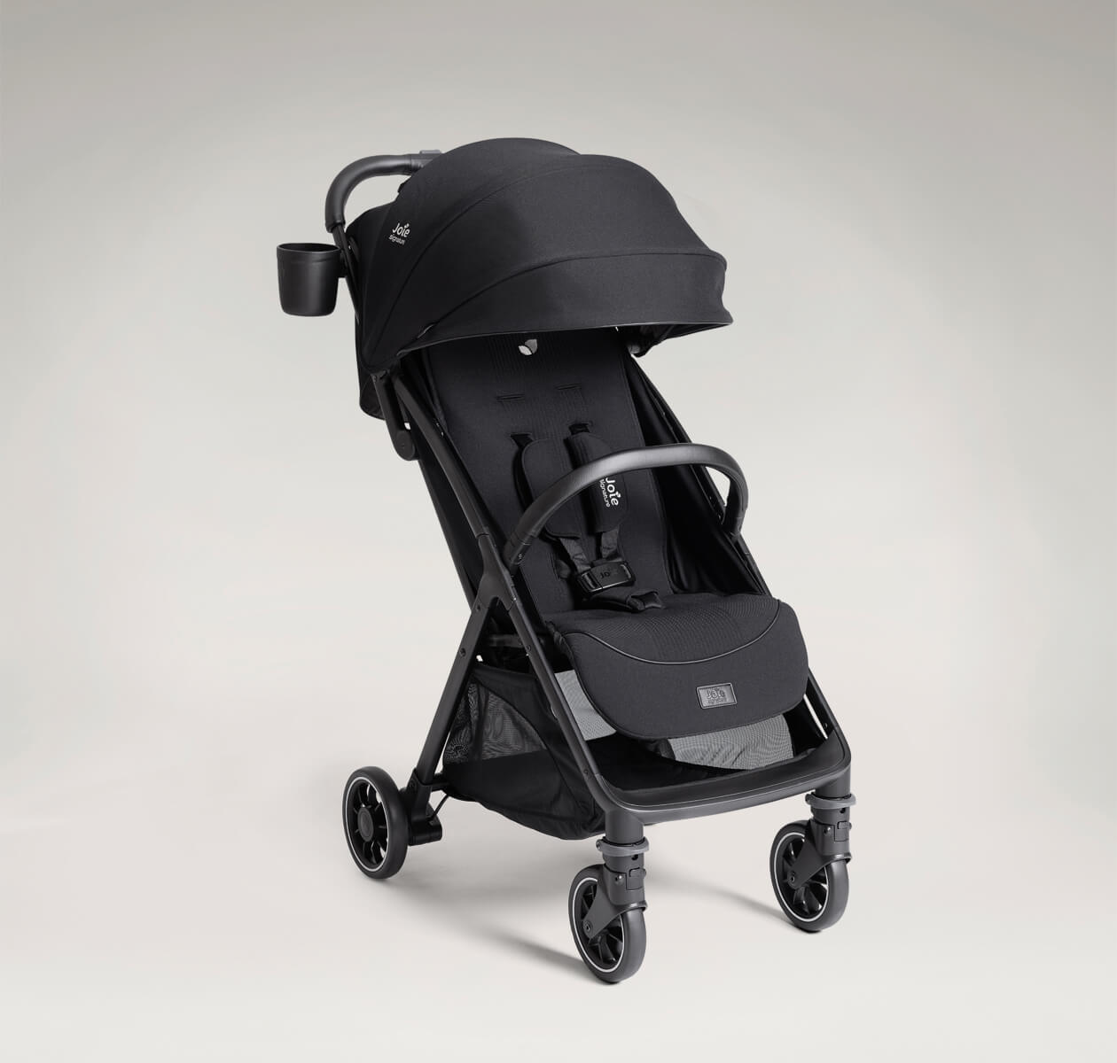 Parcel pop premium lightweight travel stroller in eclipse black from the Joie Signature collection.
