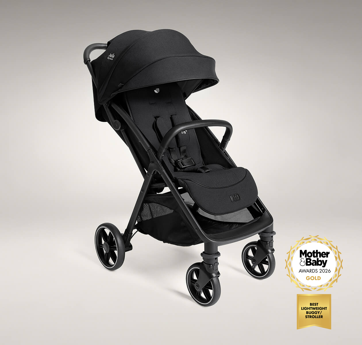 Joie Signature parcel lx pushchair in black, positioned at a right angle. The image also features a logo indicating that the product is a 2026 mother and baby awards gold winner for best lightweight buggy/stroller.