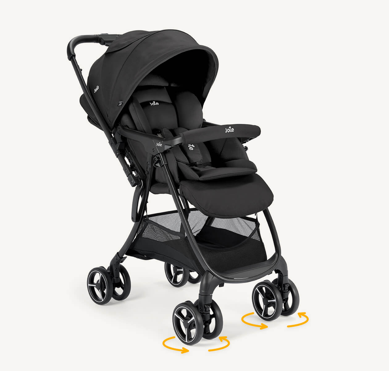Joie sma baggi 4WD stroller in black fashion looking right in a semi-profile view featuring infant insert and arrows around front wheels to indicate 360° wheel spin.