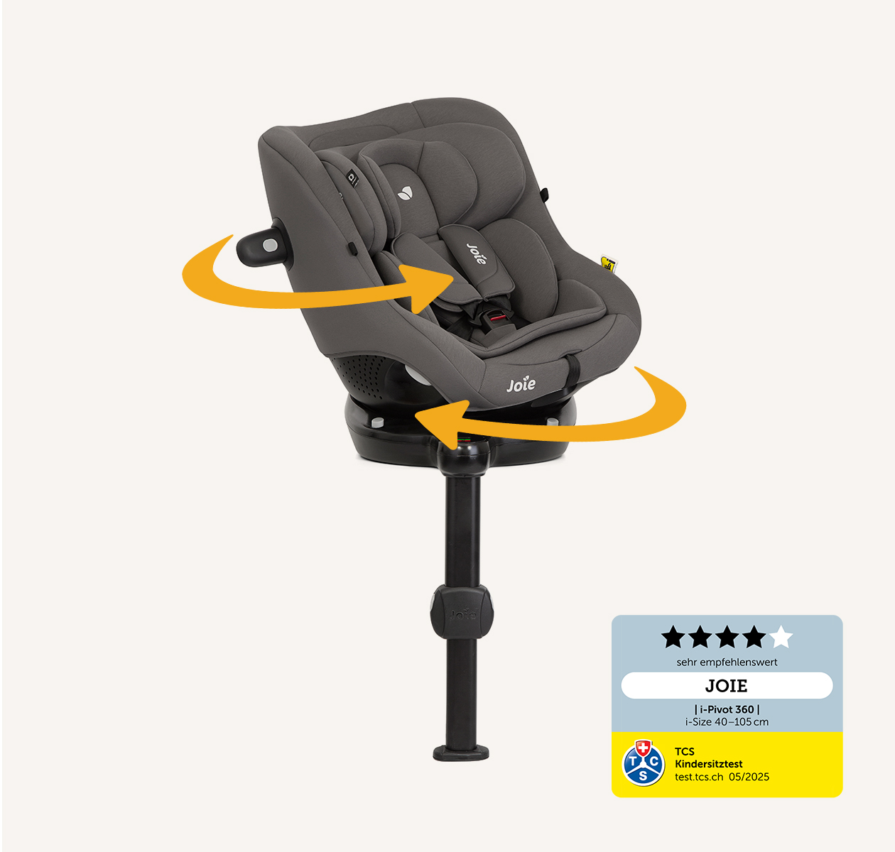 Joie i-pivot 360 spinning car seat in dark grey, facing straight on with the seat spinning to right with curved orange arrows around the product to indicate spinning motion. An ADAC logo is shown in the bottom right corner displaying a good score of 2.4.