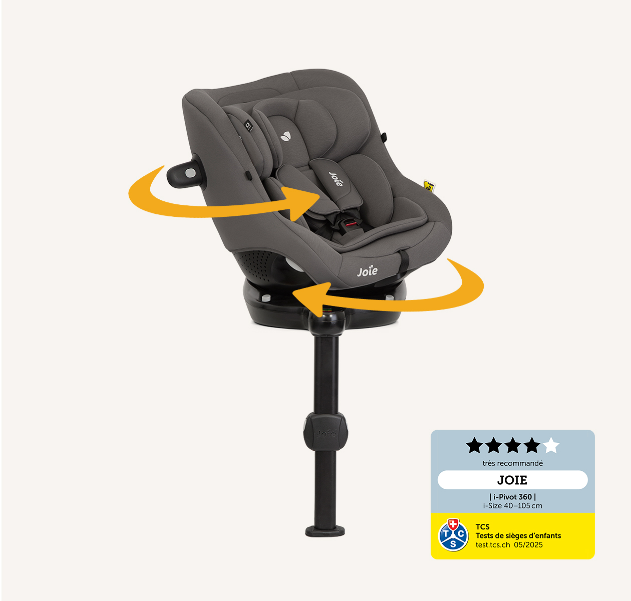 Joie i-Pivot 360 car seat in gray at an angle