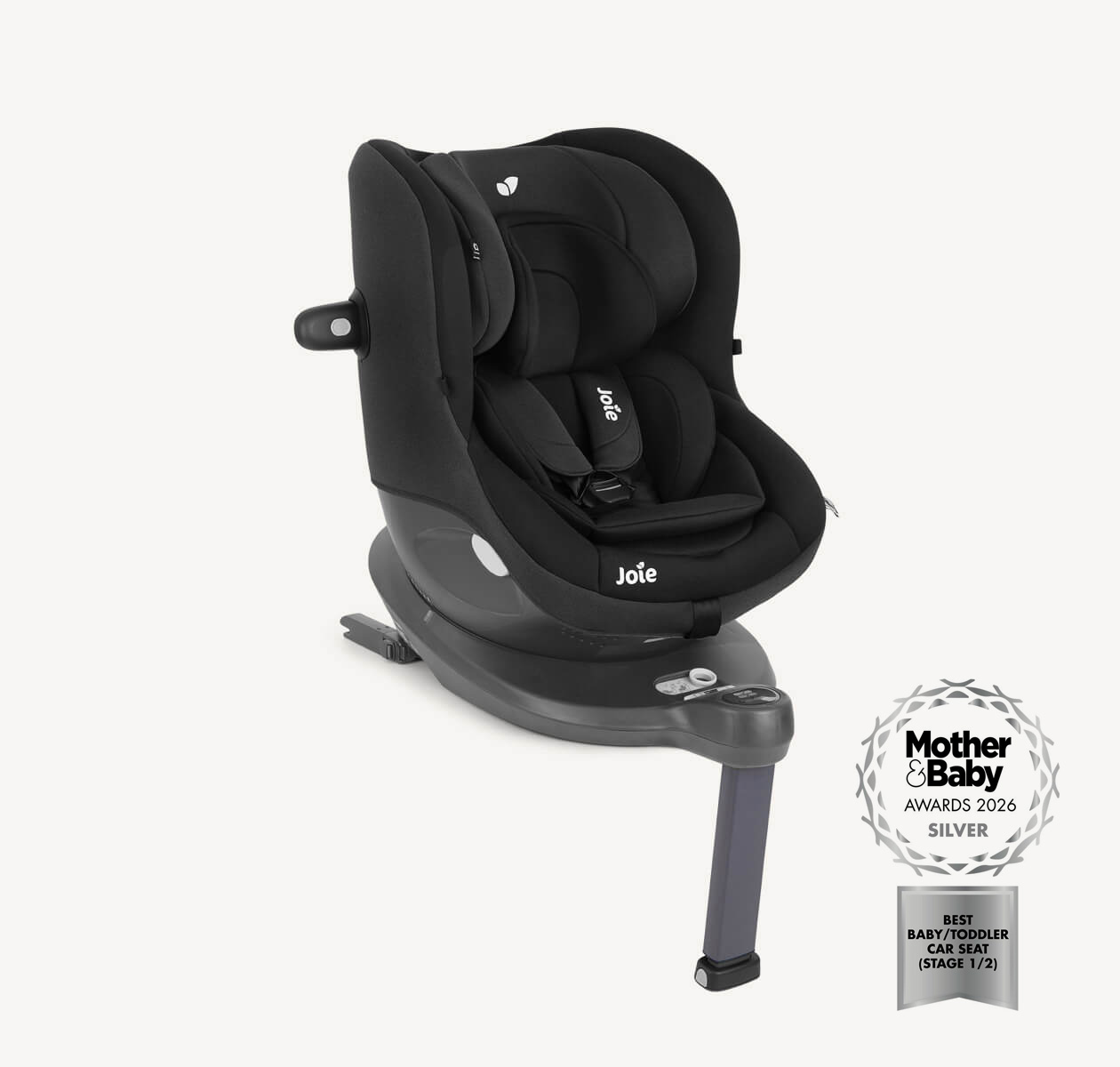 Joie i-spin 360 car seat in black at a right angle.  The image also features a logo indicating that the product is a 2026 mother and baby awards silver winner for best baby/toddler car seat.