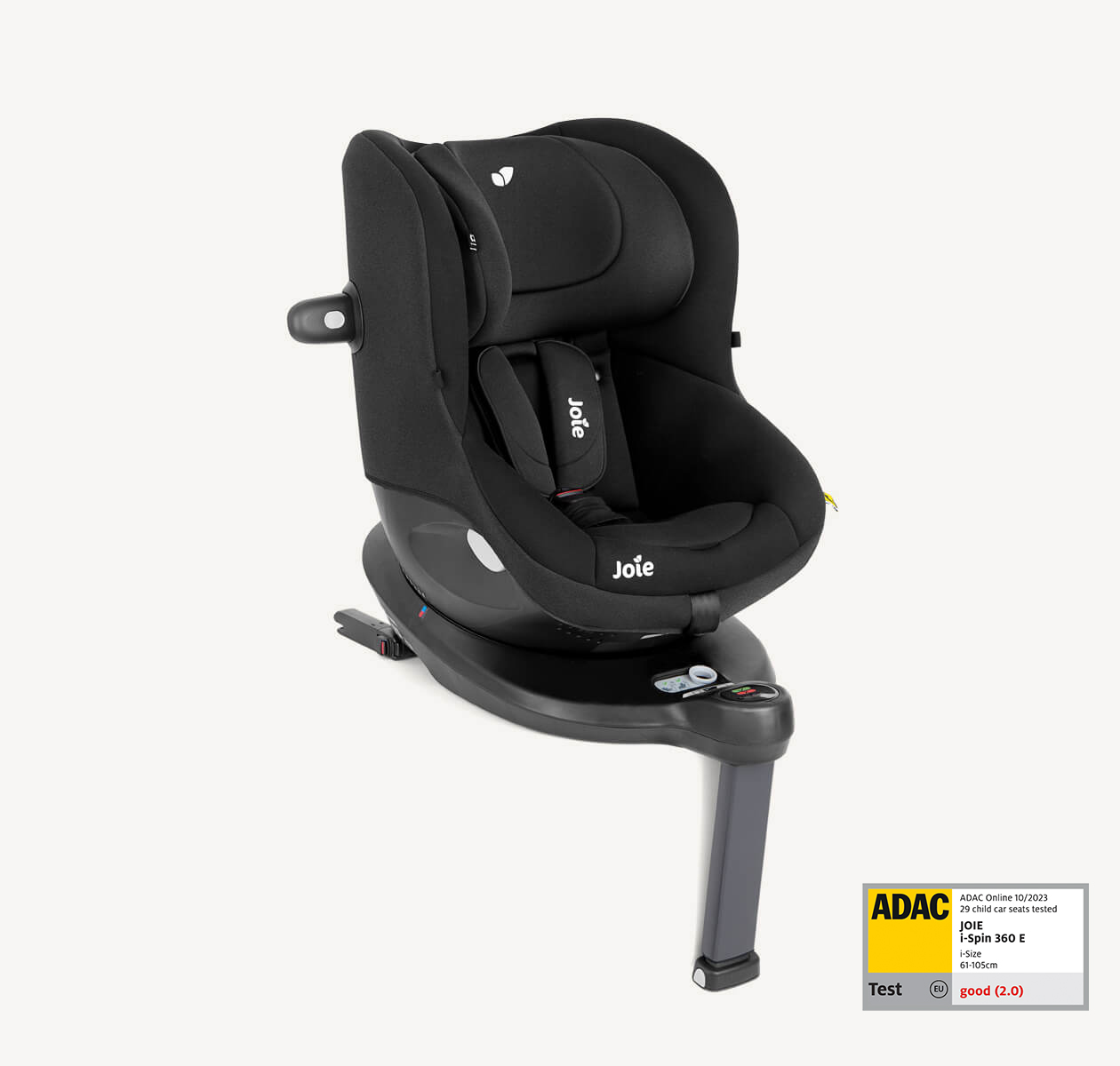 Siège auto Joie i-Spin 360 E en noir positionné en angle droit. Le logo ADAC apparaît en bas à droite avec une bonne note de 2,0.