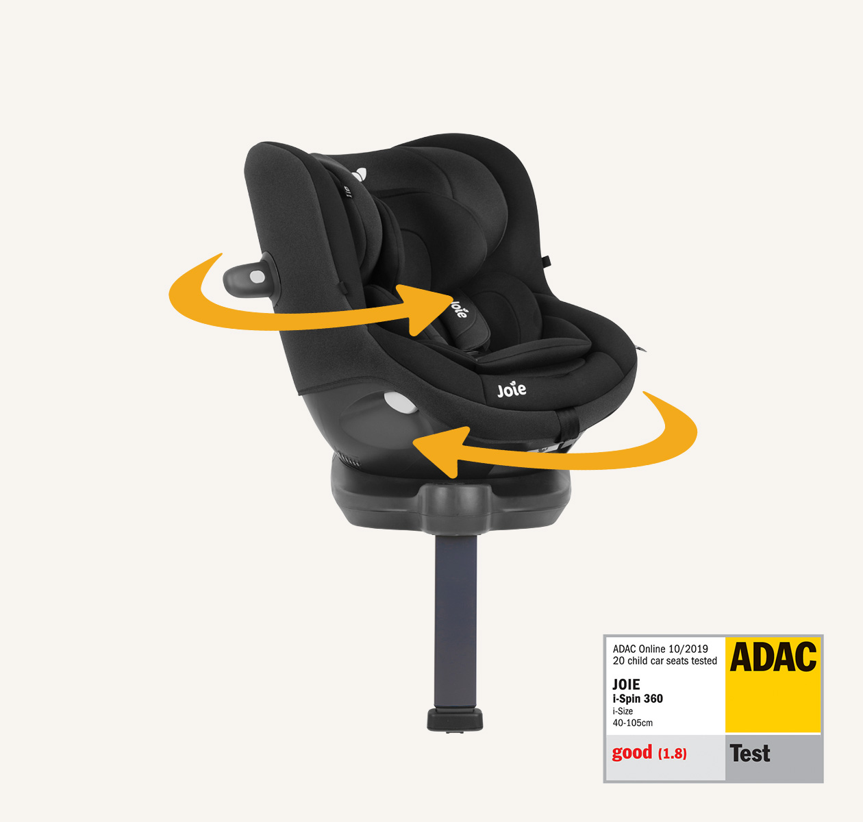 Joie i-spin 360 spinning car seat in black, facing straight on with the seat spinning to right with curved orange arrows around the product to indicate spinning motion. An ADAC logo is shown in the bottom right corner displaying a good score of 1.8.