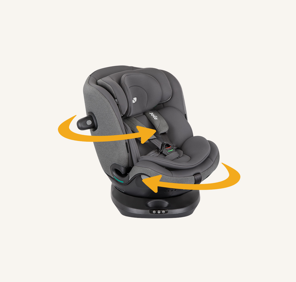 Joie i-spin multiway spinning car seat in dark grey, facing straight on with the seat spinning to right with curved orange arrows around the product to indicate spinning motion.
