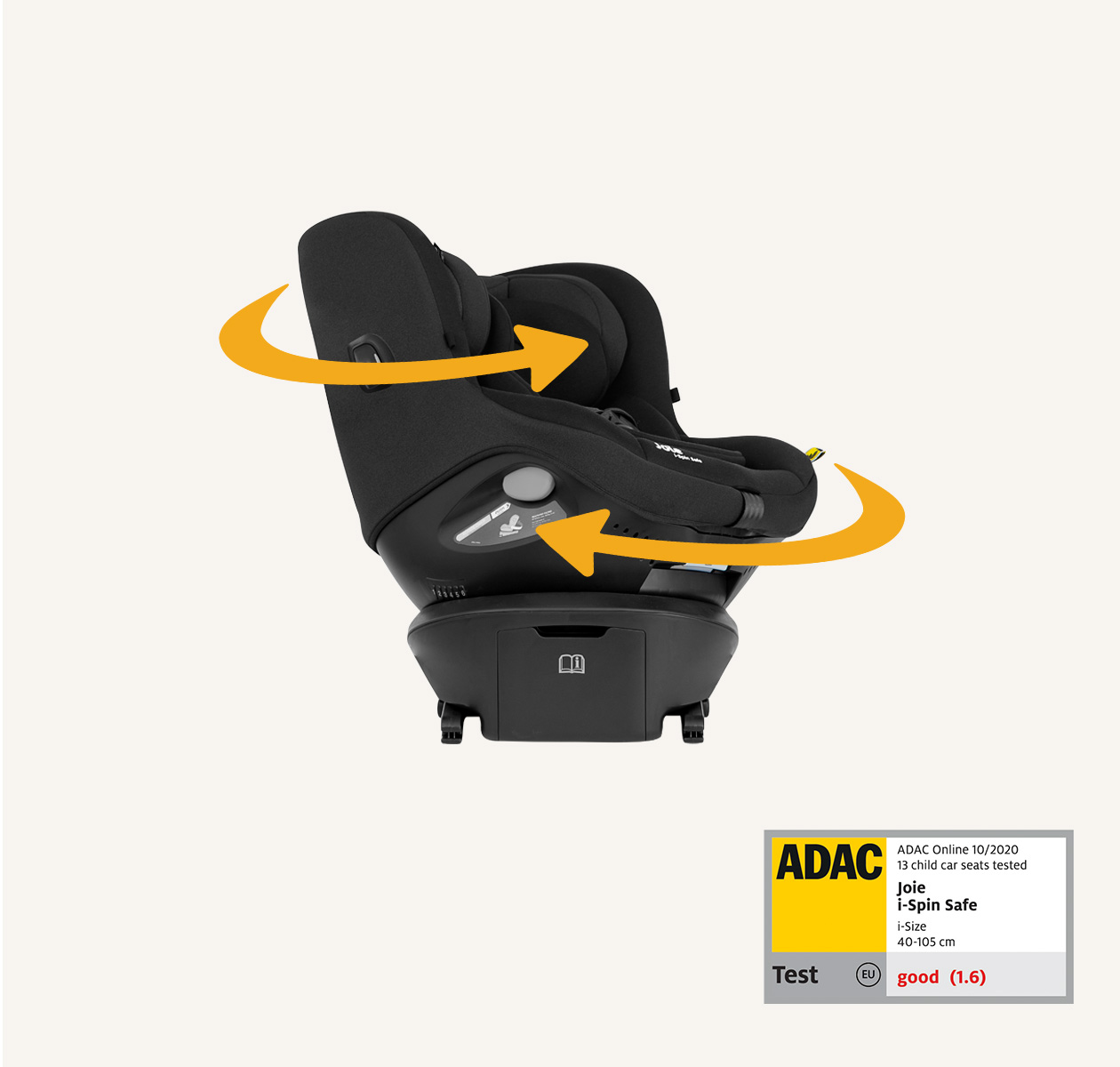 Siège auto pivotant Joie i-spin safe noir, vu de face, avec l’assise qui pivote vers la droite et des flèches orange courbées autour du produit pour indiquer le mouvement. Un logo ADAC apparaît en bas à droite avec une très bonne note de 1,6.
