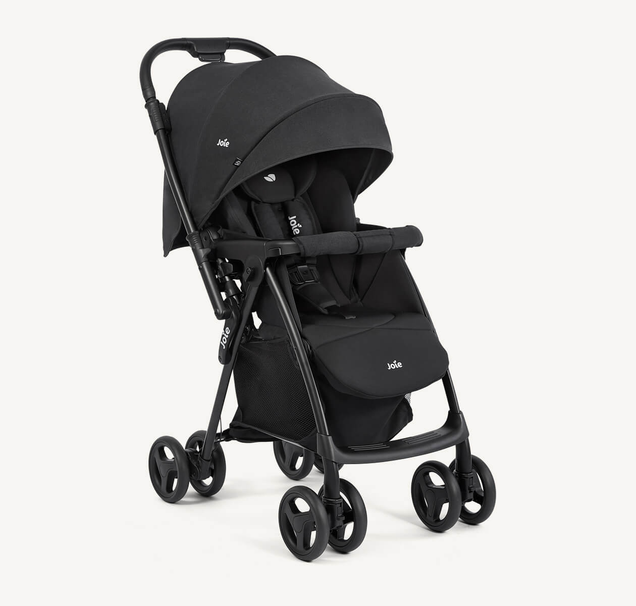 Joie mirus stroller in black at a right angle.