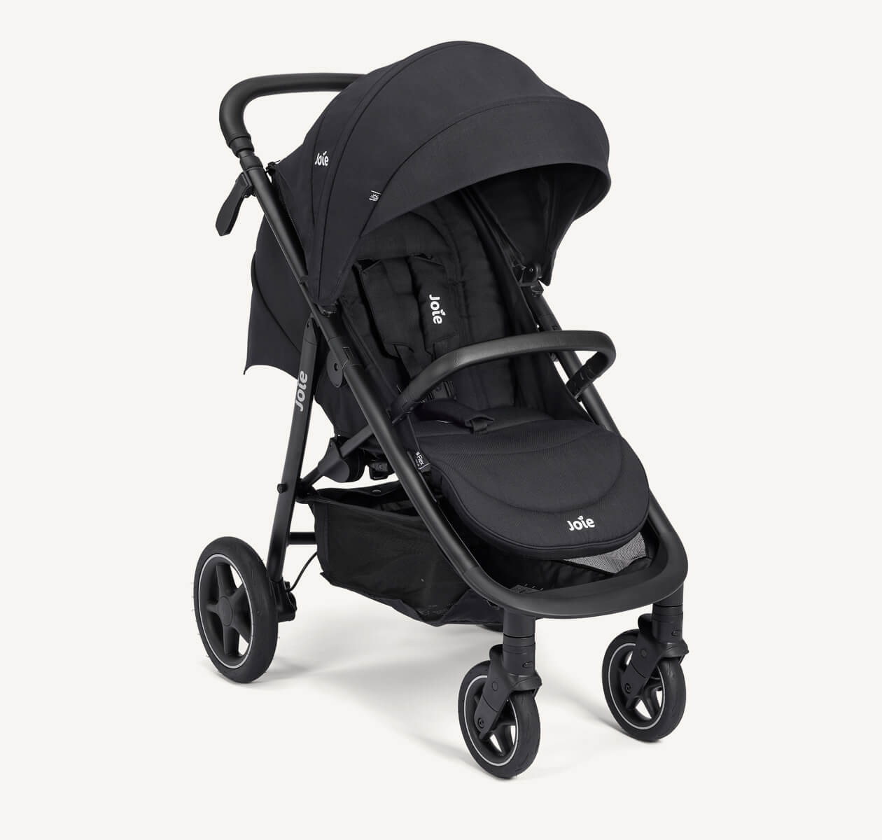 Joie mytrax pro pushchair in black positioned at a right angle.