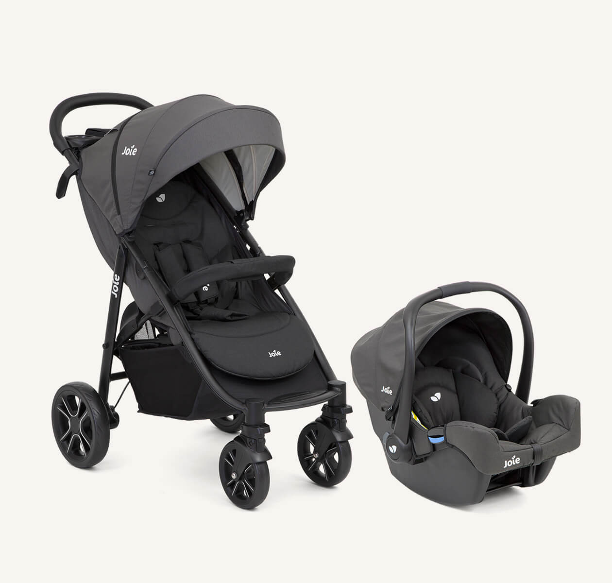 Joie litetrax 4 pushchair and gemm infant car seat pictured side by side positioned at a right angle, both in black.