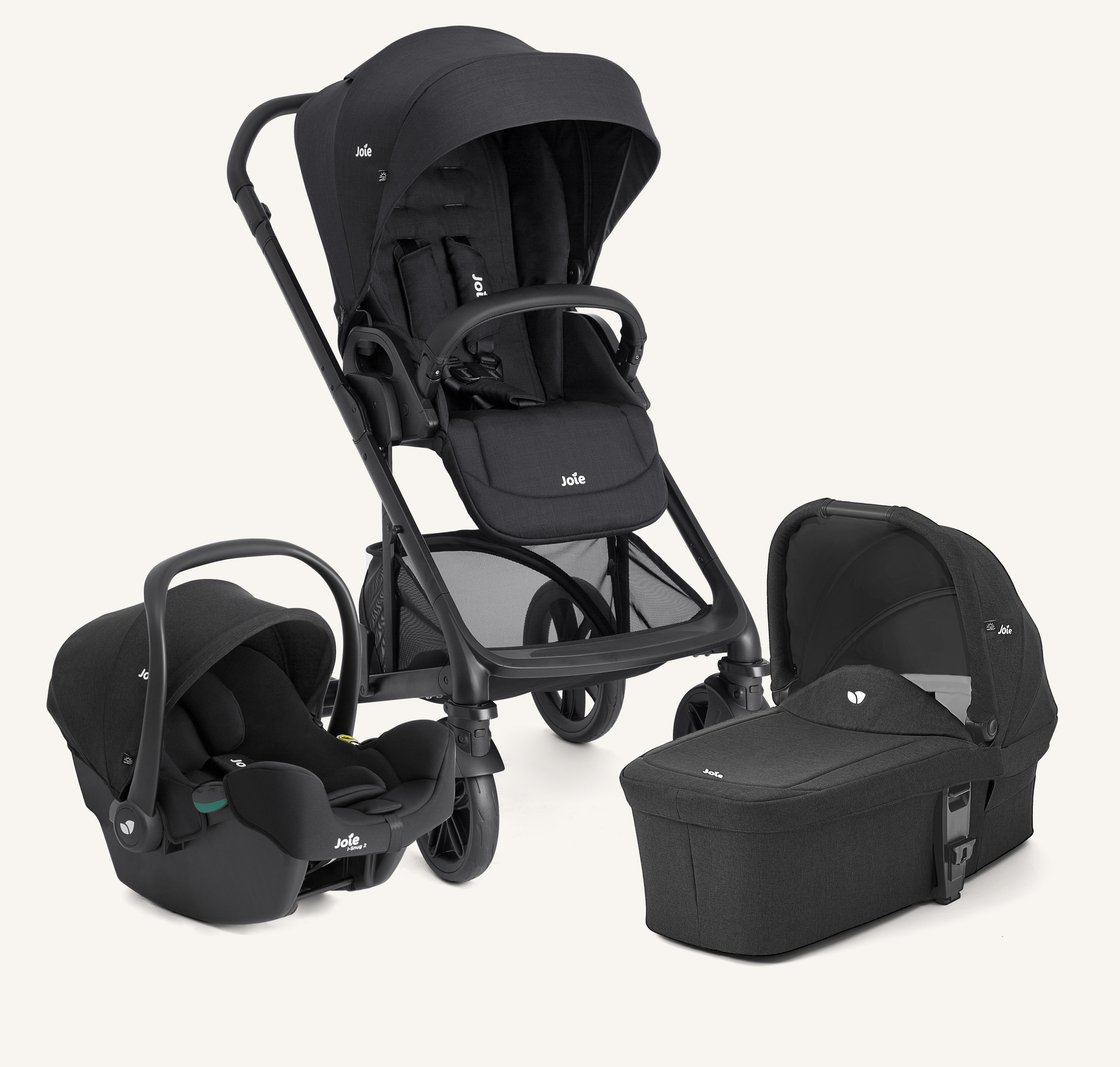 Front angle of the Joie chrome 2 trio that includes the chrome 2 pram, i-Snug 2 infant car seat, and chrome carry cot in black
