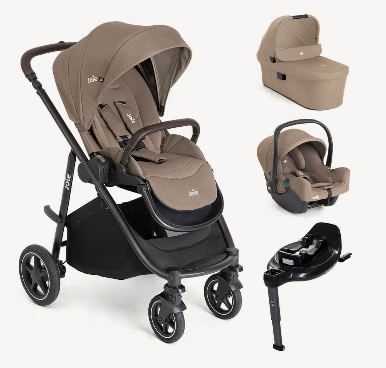 Hero image of the Joie versatrax pram on the left at a right angle with the ramble XL, i-Snug 2 and i-base encore all on the right at a right angle. All products in a black fashion