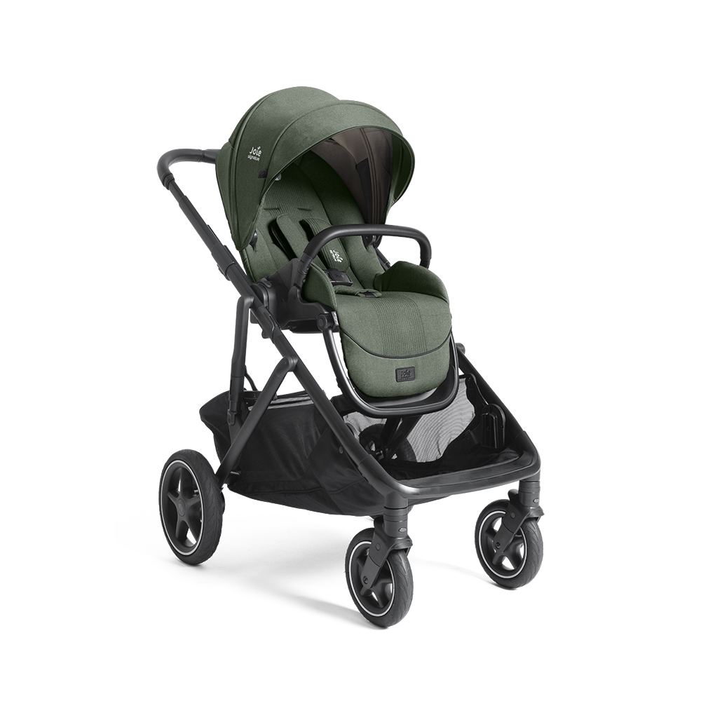 Front angle image of the Joie Signature versiti pram in evergreen grey.
