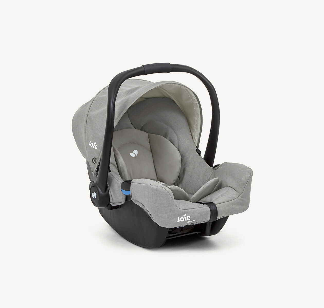   Joie gemm baby car seat in black and gray facing at a right angle with canopy raised.