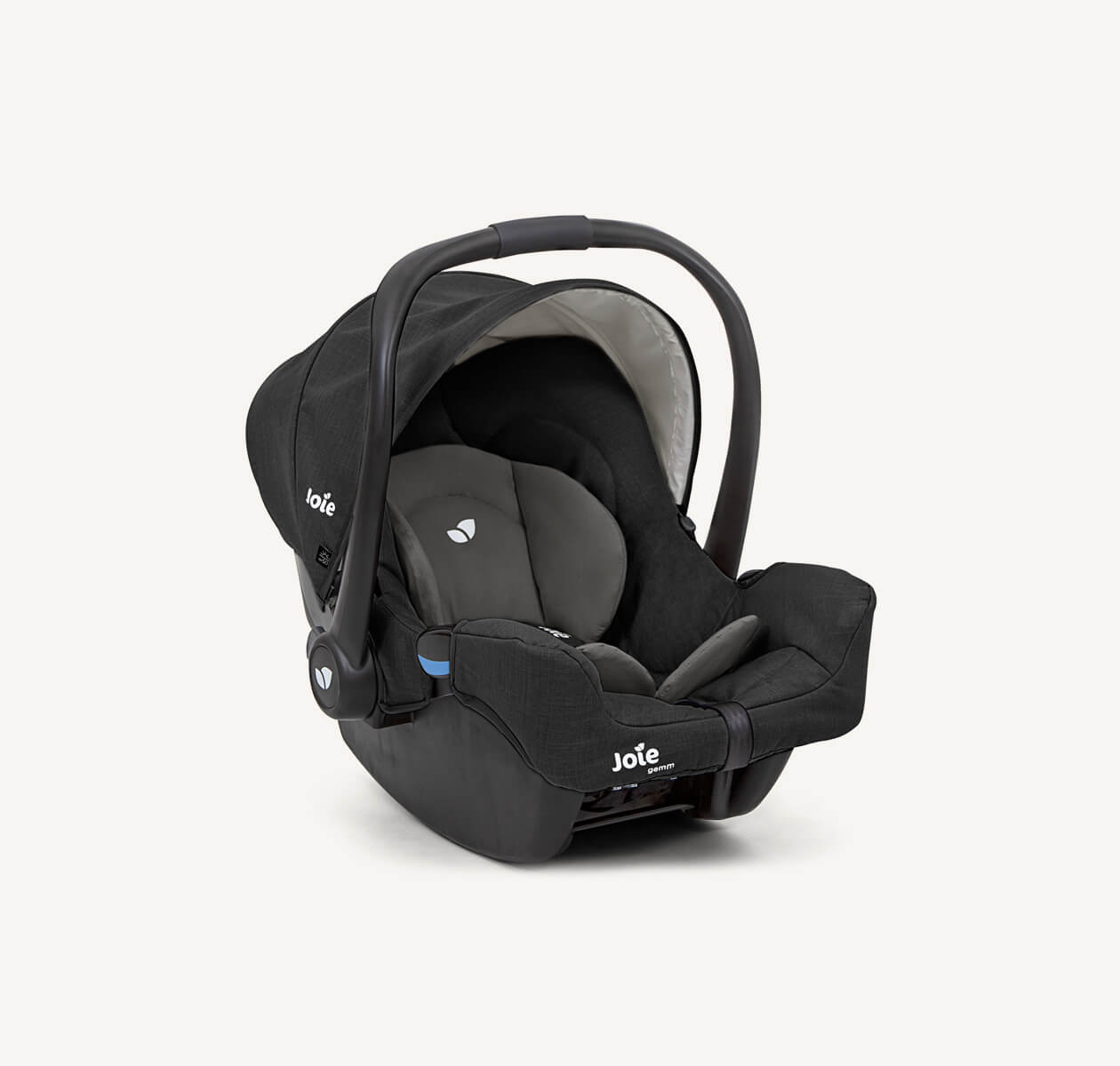   Joie gemm baby car seat in black facing at a right angle with canopy raised.