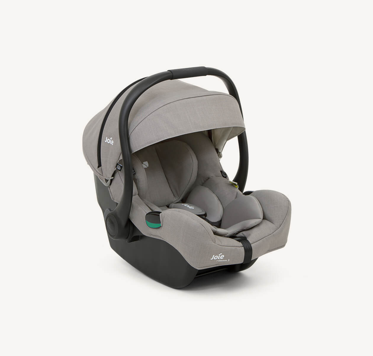 Joie I-gemm3 baby car seat in gray positioned at a right angle.