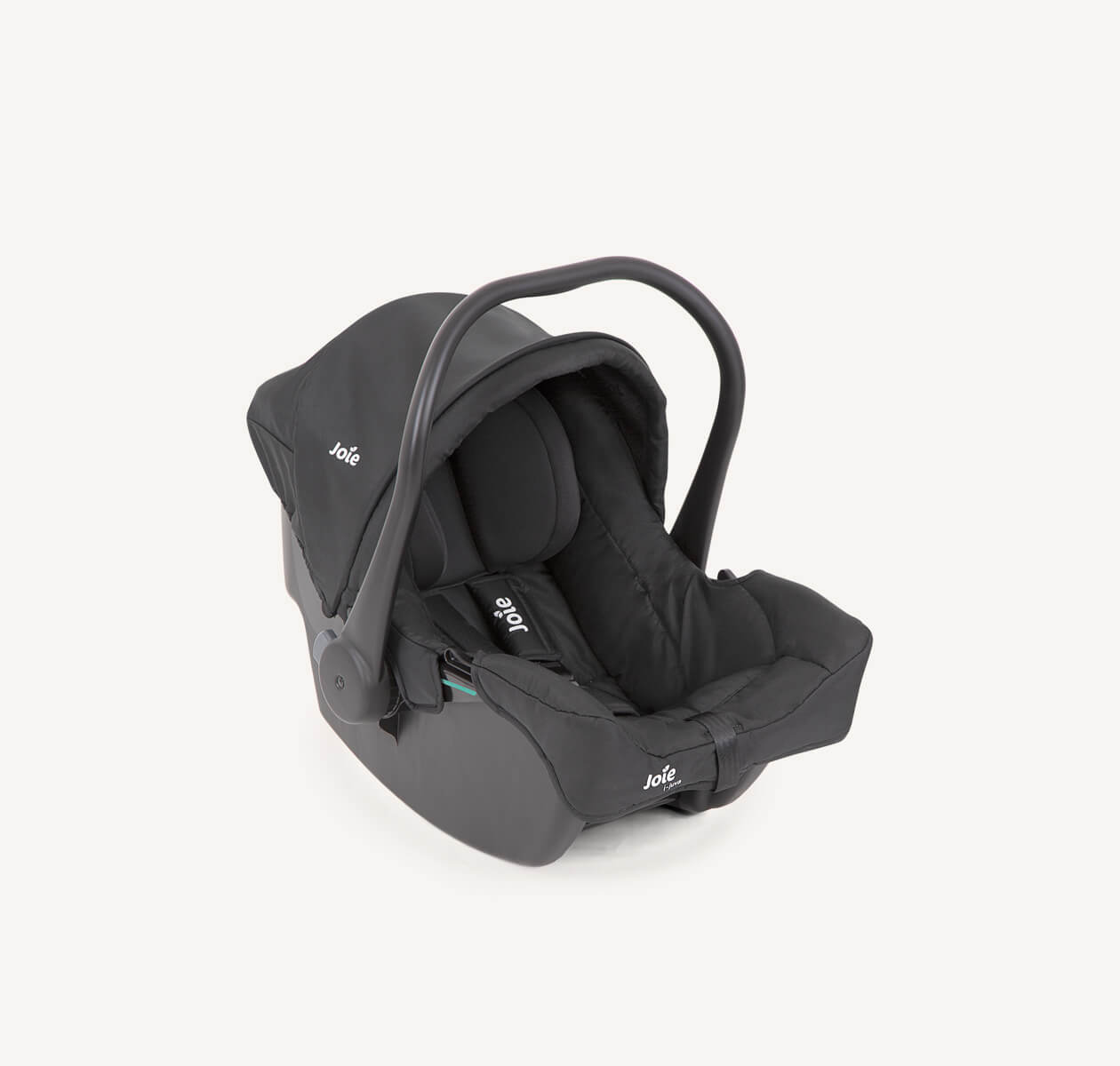  Joie i-juva baby car seat in black from a right angle with canopy raised.