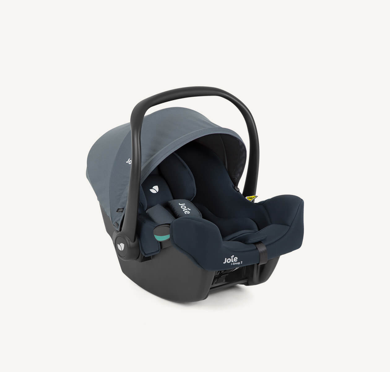 Silla de coche Joie I-snug 2 en dos tonos de azul con capota y asa levantadas, en ángulo orientado a la derecha.