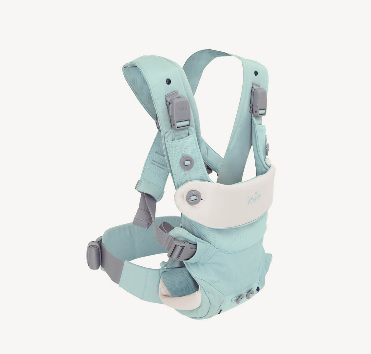  Light blue Joie Savvy Lite baby carrier facing to the right at an angle.