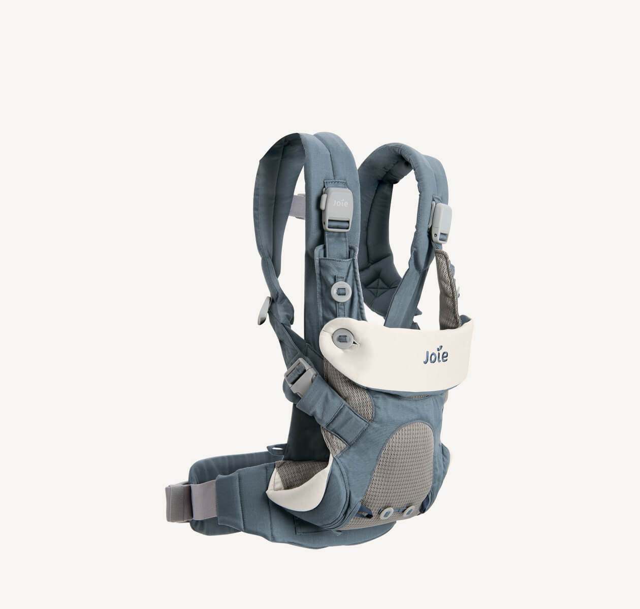 A blue Joie Savvy 4in1 baby carrier at an angle facing right