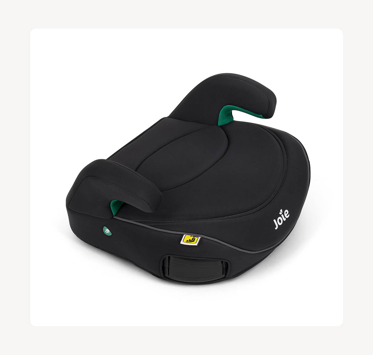 A black Joie I-Chapp backless booster seat facing toward the right at an angle.