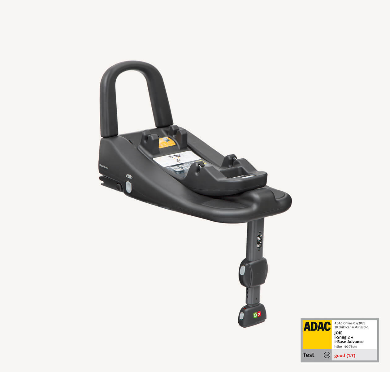 Joie i-Base Advance car seat base in black positioned at a right angle. The ADAC logo is in the lower right corner indicating a good score of 1.7 when used with the compatible i-snug 2 infant car seat.