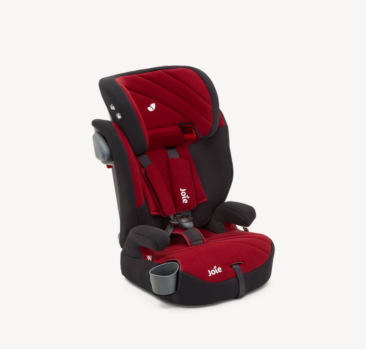  Joie Elevate booster car seat with 5-point harness in a black and red two tone colour, at an angle facing to the right.