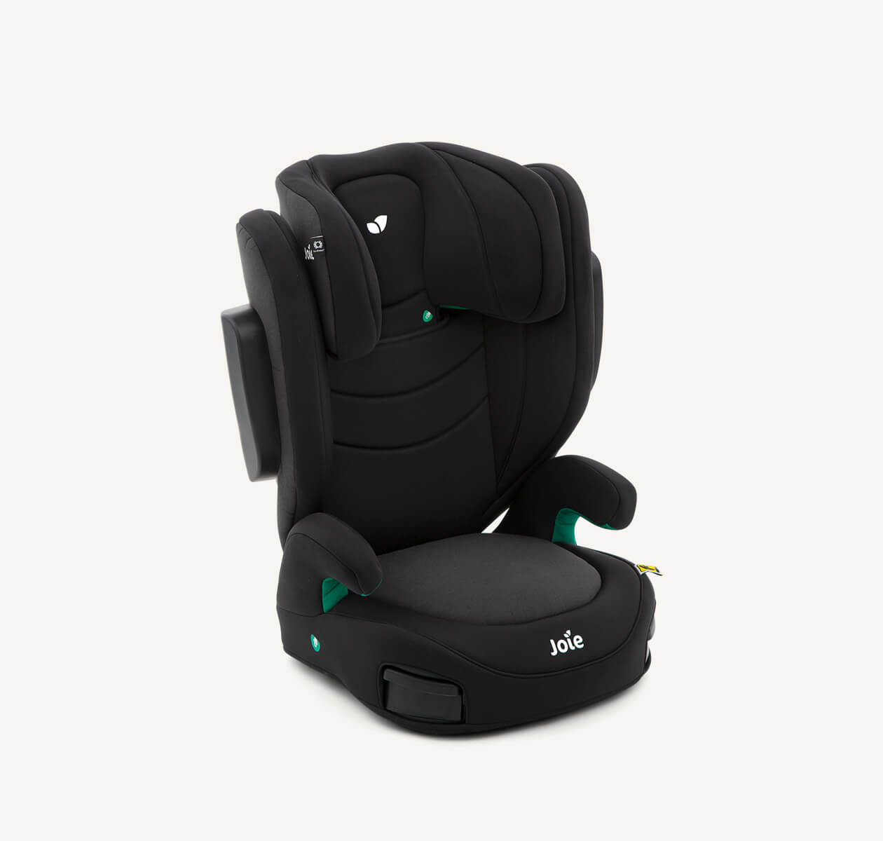 Black I-Trillo high back booster seat facing to the right at a 45 degree angle with the headrest in the lowest position.