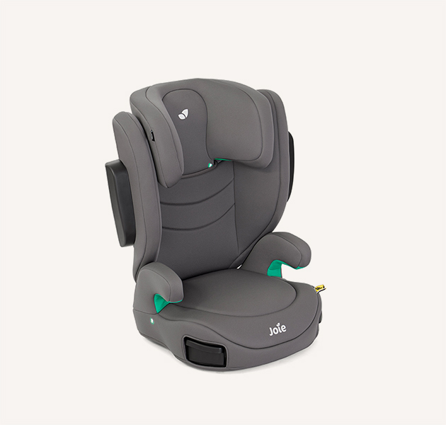  Gray I-Trillo high back booster seat facing to the right at a 45 degree angle with the headrest in the lowest position.