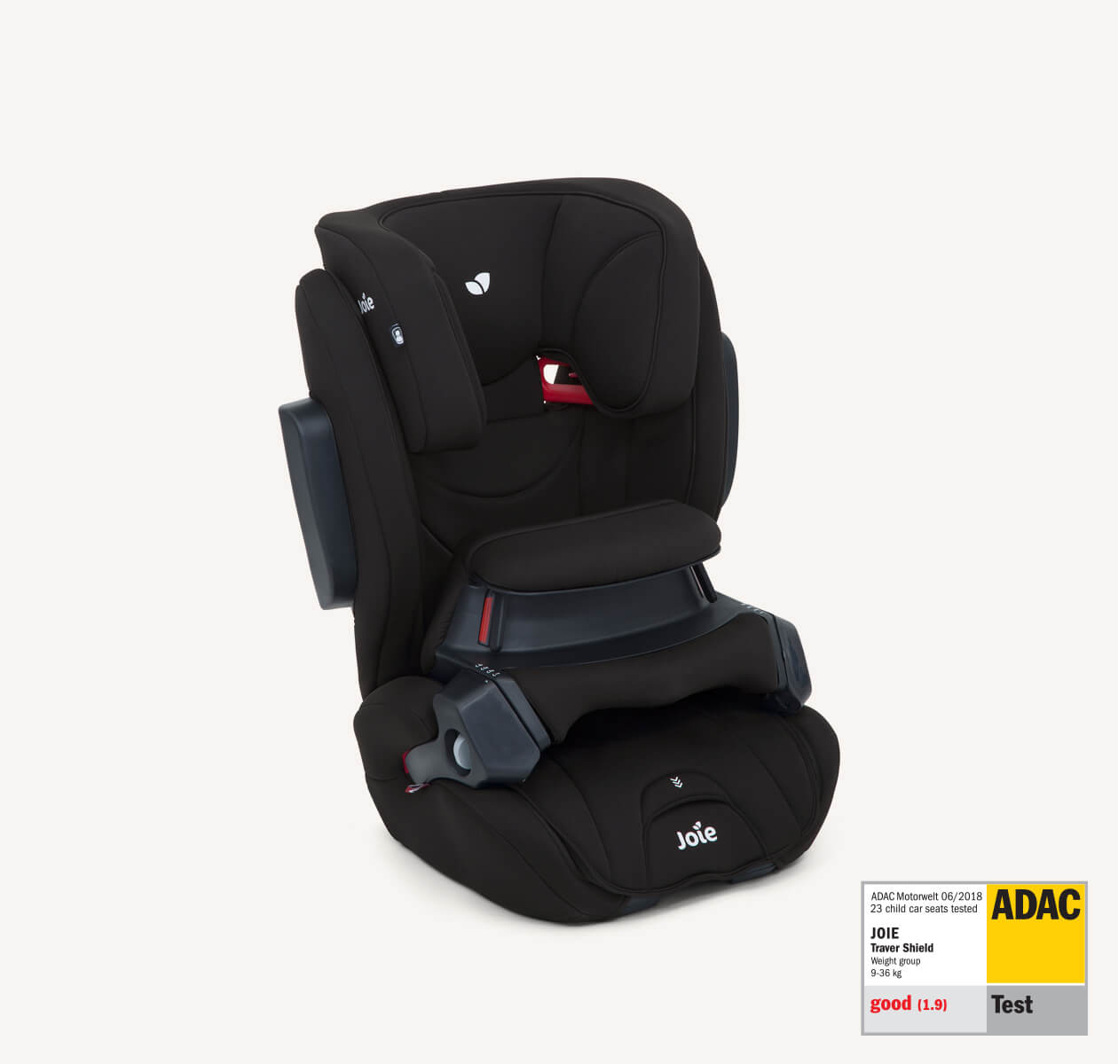  Joie traver shield booster car seat in black positioned at a right angle, with the ADAC test label in the lower right corner.
