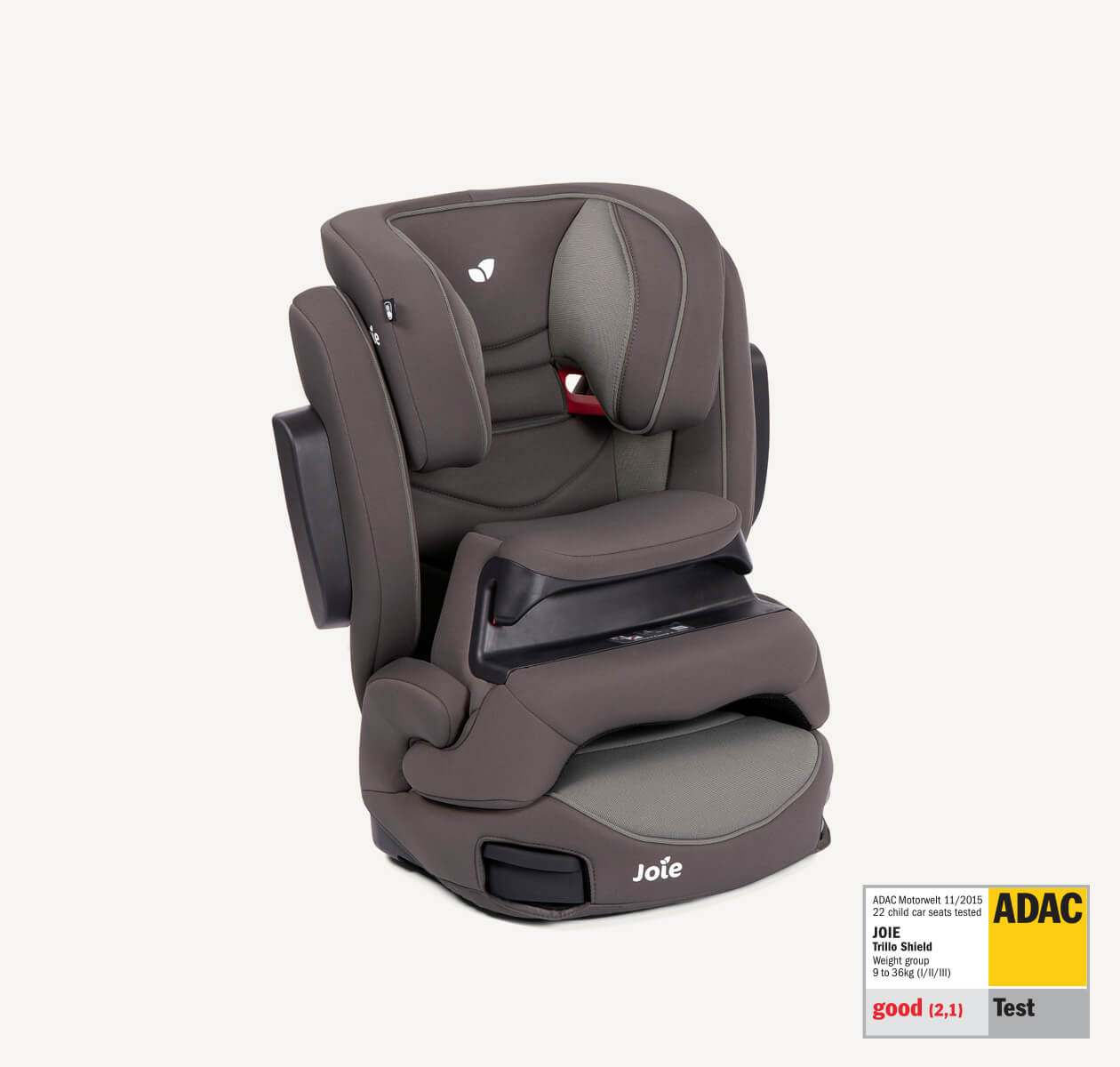   Joie trillo shield belted booster seat in medium brown positioned at a right angle, with the ADAC test label in the lower right corner.
